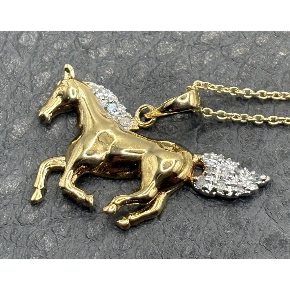 CW Vermeil Sterling Silver Equestrian Horse Diamond Chip Pendant Necklace 18"